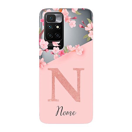 Capinha para Xiaomi RedMi 10 Anti Impacto Personalizada - Delicate Flowers Rosa com nome e fundo transparente