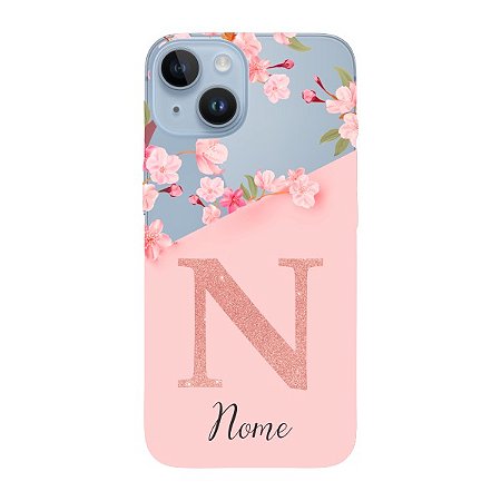 Capinha para iPhone 14 Plus Anti Impacto Personalizada - Delicate Flowers Rosa com nome e fundo transparente