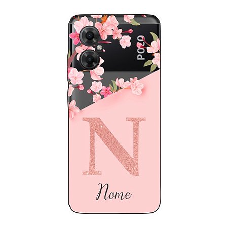 Capinha para Xiaomi Poco M4 5G Anti Impacto Personalizada - Delicate Flowers Rosa com nome e fundo transparente