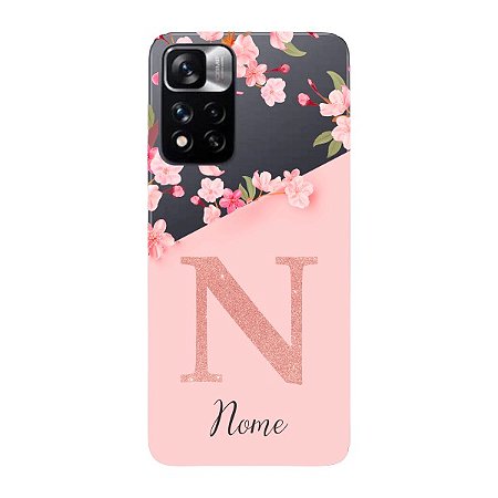 Capinha para Xiaomi RedMi Note 11 Pro+ Plus Anti Impacto Personalizada - Delicate Flowers Rosa com nome e fundo transparente