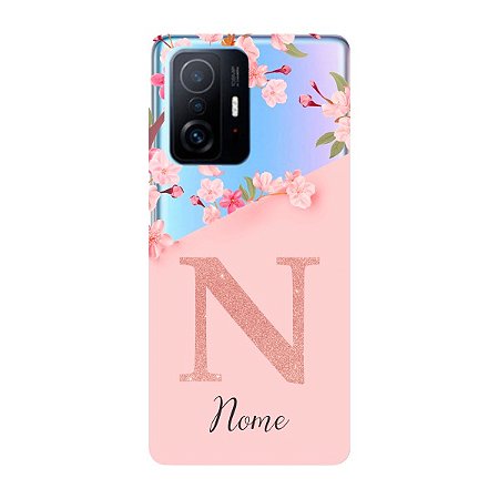 Capinha para Xiaomi Mi 11T Anti Impacto Personalizada - Delicate Flowers Rosa com nome e fundo transparente