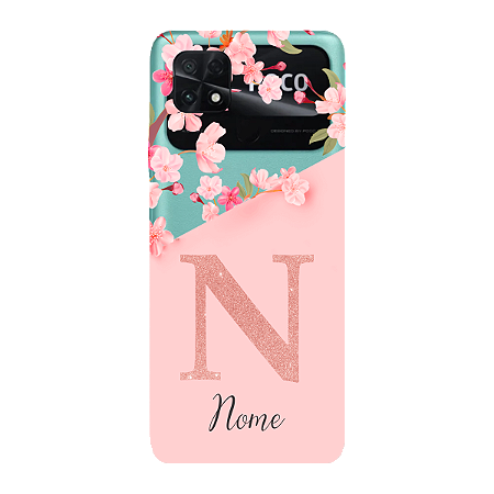 Capinha para Xiaomi Poco C40 Anti Impacto Personalizada - Delicate Flowers Rosa com nome e fundo transparente