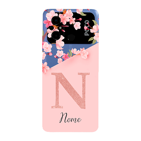 Capinha para Xiaomi Poco C55 Anti Impacto Personalizada - Delicate Flowers Rosa com nome e fundo transparente