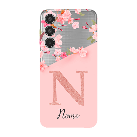 Capinha para Samsung M35 Anti Impacto Personalizada - Delicate Flowers Rosa com nome e fundo transparente