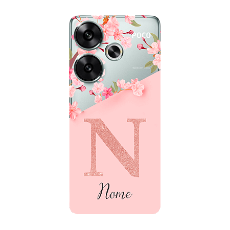 Capinha para Xiaomi Poco F6 Anti Impacto Personalizada - Delicate Flowers Rosa com nome e fundo transparente