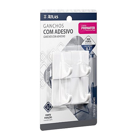 Gancho Adesivo Branco Plástico 0,3Kg 4 Peças Pequeno PRIMAFER PR2508