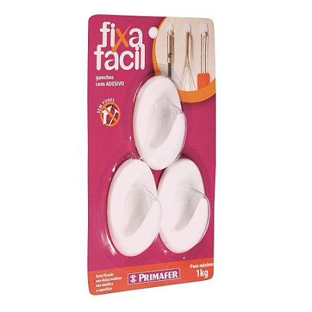 Gancho Adesivo Branco Plástico 1Kg 3 Peças Medio PRIMAFER PR2503