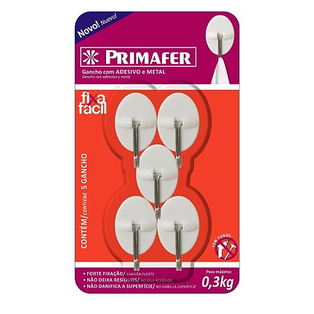 Gancho Adesivo Branco Plástico/Metal 0,3Kg 5Pçs Oval PRIMAFER PR2562