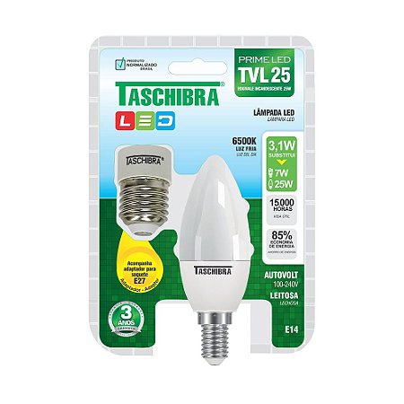 Lâmpada Led Vela TVL 25 leitosa 3,1W 6500K TASCHIBRA 11080133