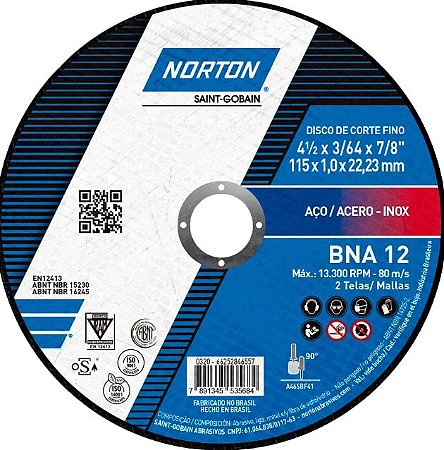 Disco de Corte p/ Inox 4 1/2"x 1,0 x 7/8" BNA12 NORTON 66252846557