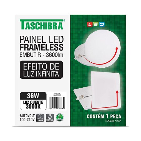 Luminária Led Plafon Frameless Borda Infinita Embutir Quadrado 36W 3000K 17cm TASCHIBRA 15140120