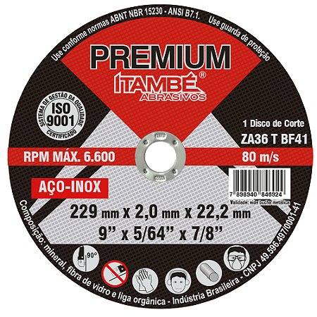 Disco de Corte p/ Inox/Ferro 9"x2,0mmx7/8" ITAMBE PREMIUM