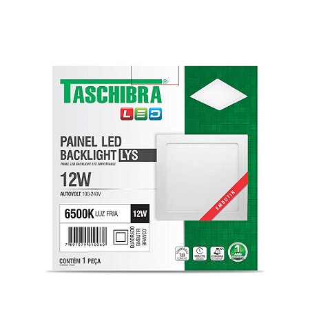 Luminária LED Plafon TASCHIBRA Lys Embutir Quadrado 12W 6500K 17cm