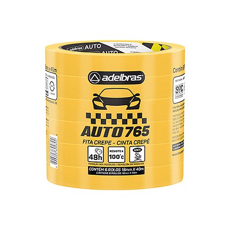 Fita Crepe ADELBRAS Auto 765 Amarela 18mm x 40m - 6 Rolos