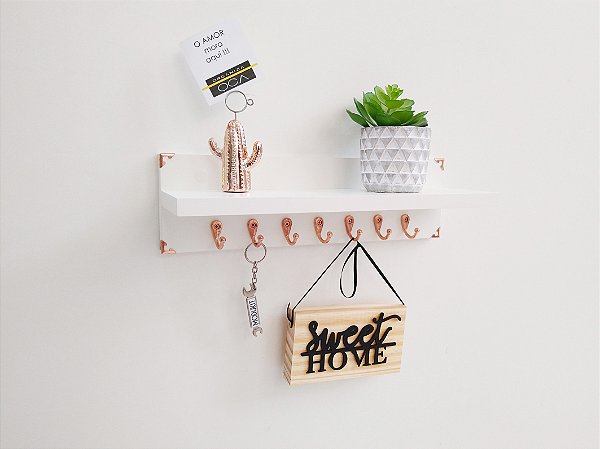 Porta chaves mdf branco rose gold 7 ganchos - OrganizaOCA