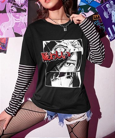 Camisola de manga comprida feminina, anime emo, blusa solta