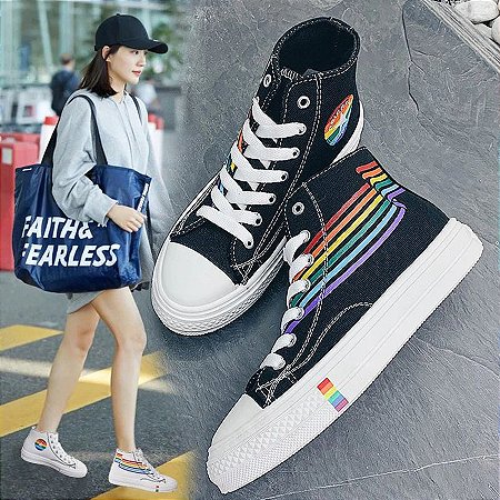 Tênis All Star Preto Feminino Estampado Arco-Íris Lateral Moderno Moda  Casual Leve Confortável