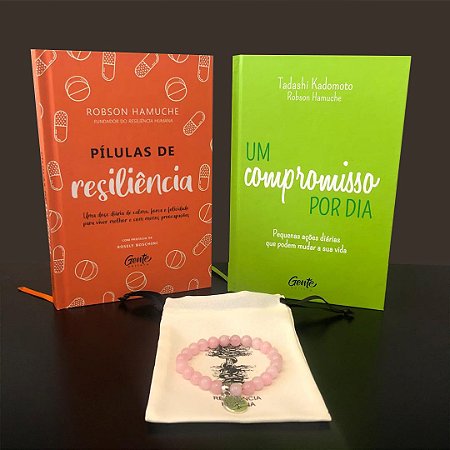 kit Compromisso - 1 Livro - Um Compromisso Por Dia + 1 Livro - Pílulas de Resiliência + 1 Pulseira - Quartzo Rosa e Frete Grátis