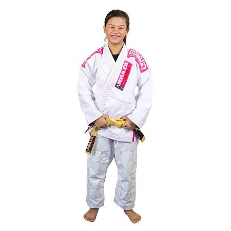 Kimono Jiu-JItsu Feminino Infantil Xtra-Lite Branco com Rosa Brazil Combat