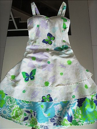 Vestido cor Natural com estampas verde e azul, tam M