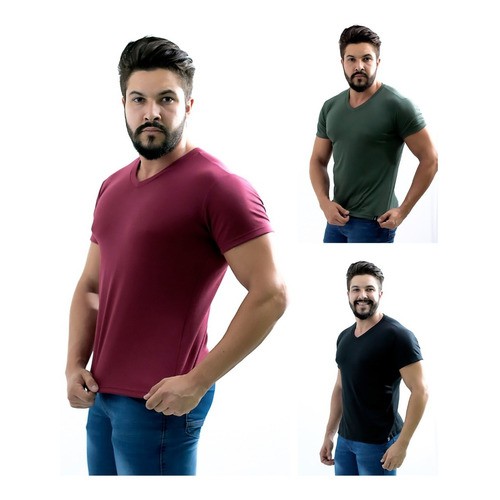 Camiseta Masculina Slim Fit GOLA V Manga Curta Suedine - Não Amassa - 3 Cores