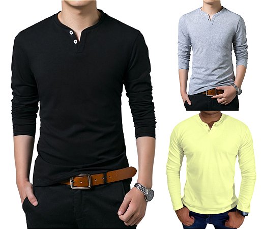 Camiseta HENLEY CANELADA Slim Fit Manga Longa 2 BOTÕES - 7 CORES  DISPONÍVEIS - Camisaria J SILVER