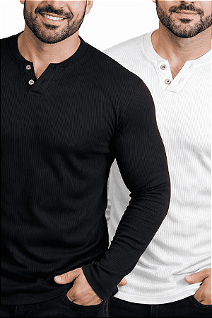 Kit 2 Camisetas Henley Masculinas Caneladas Manga Longa Slim Fit 2 Botões J Silver