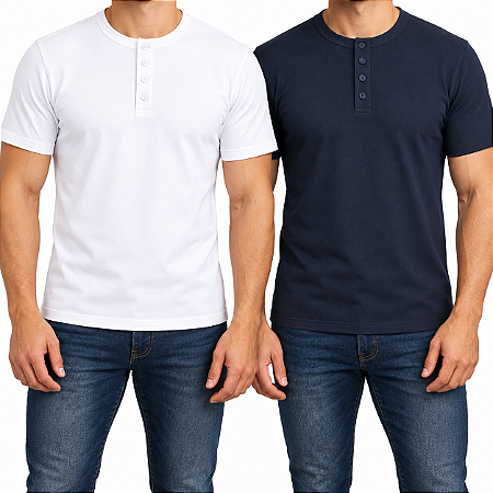 Kit 2 Camisetas Henley Masculinas Caneladas Manga Curta Slim Fit 4 Botões J Silver