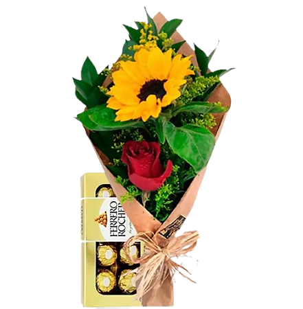 Buquê de Girassol e chocolate