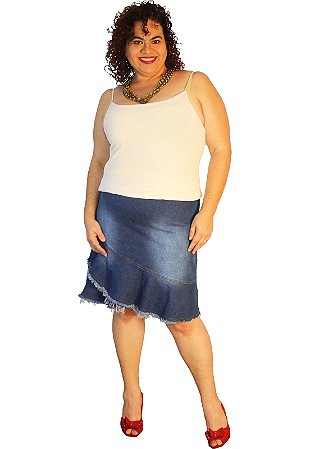 Saia Jeans strech babados Romantic Light Stone Plus size