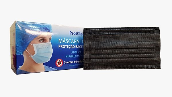 Máscara Tripla Descartável Preta Protclean 50 Unidades