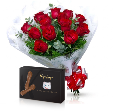 097 - Buquê 12 rosas + chocolate lingua de gato