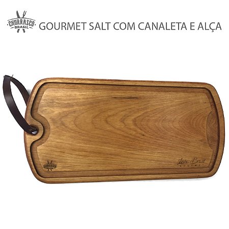 Tabua de Corte Personalizada Gourmet Salt com canaleta e alça em couro 40x20