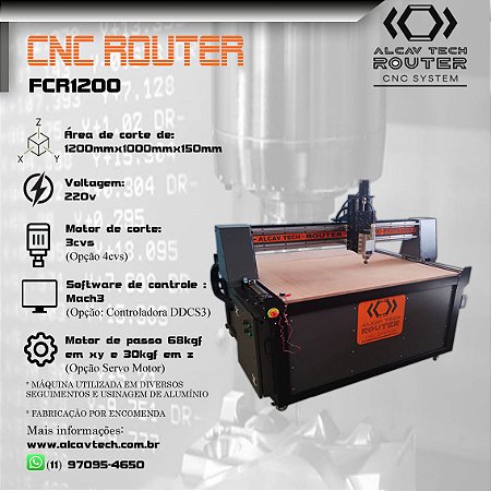 Fresadora CNC Router FCR1200 (1200mmx1000mmx150mm) 3 cvs