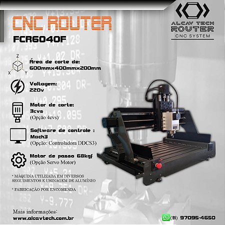 Fresadora CNC Router FCR6040F (600mmx400mmx200mm) 3 cvs