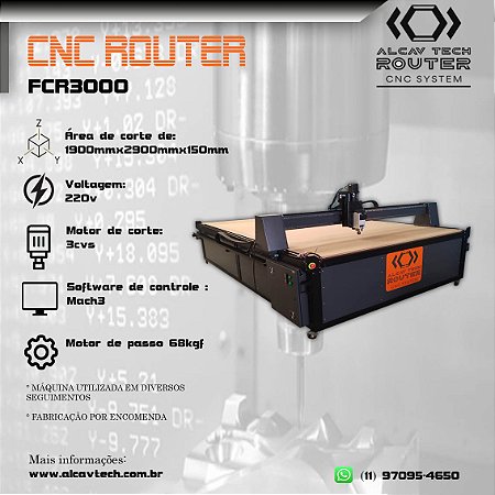 Fresadora CNC Router FCR3000 (1900mmx2900mmx150mm) 3 cvs