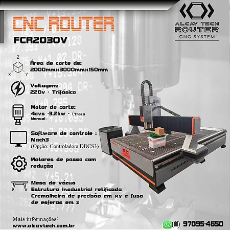 CNC ROUTER FCR2030V (2000mmx3000mmx200mm) Mesa Vácuo 4cvs