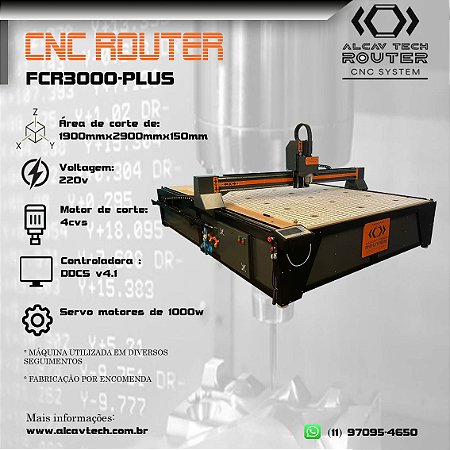 Fresadora CNC Router FCR3000 - PLUS (1900mmx2900mmx150mm) 4 cvs