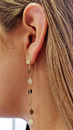 Brinco Fio Plaquinhas 11 cm em ouro amarelo 18k