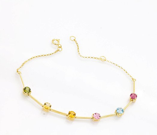 Pulseira Pedras Turmalina Coloridas e Topazio em ouro 18k