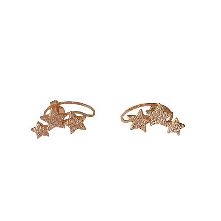 Brinco EarCuff Trio Estrela com Zircônia em ouro amarelo 18k