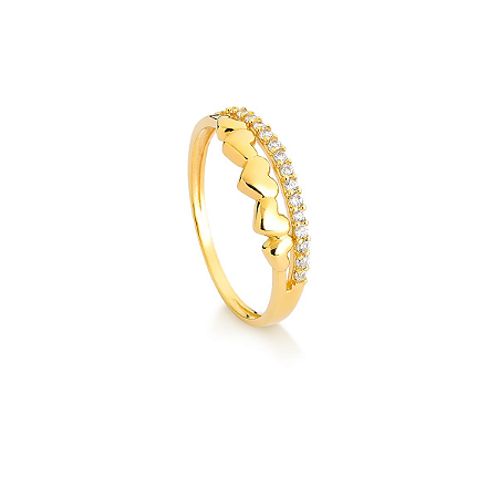 Anel de Ouro 18k Aro duplo Coração com Zircônia