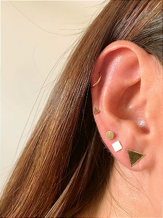 Brinco Geo Quadrado, Triângulo e Círculo em ouro amarelo 18k