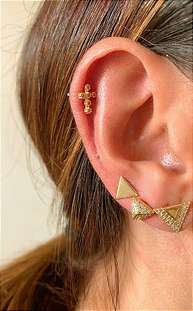 Brinco Triângulo com Diamantes 3D em ouro 18k
