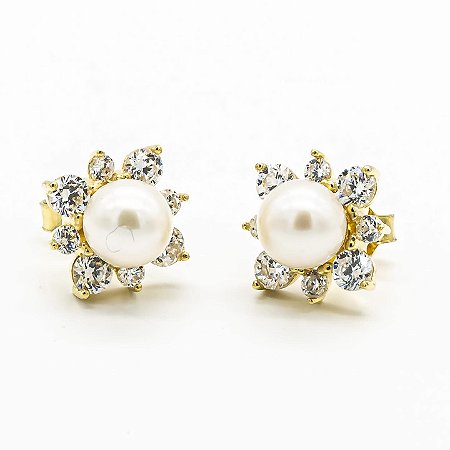 Brinco Pérola e Cristal em ouro amarelo 18k