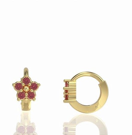Argola Flor (P) com Rubis em ouro amarelo 18K