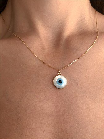 Colar Olho Grego Madrepérola Proteção em ouro amarelo 18k