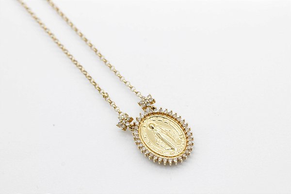 Colar Nossa Senhora Proteção com diamantes em ouro amarelo 18k