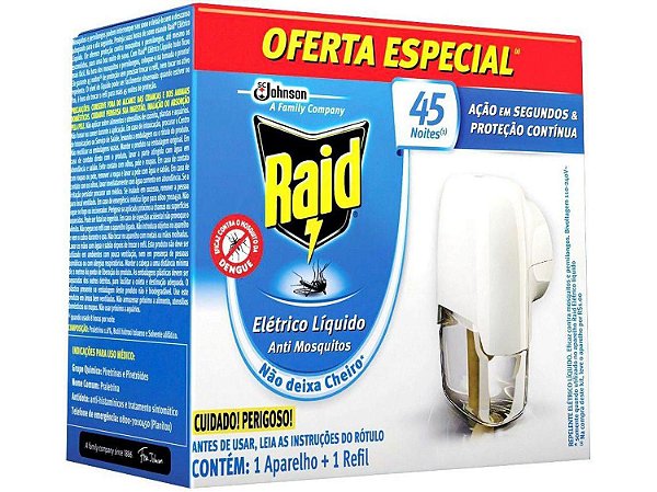 Inseticida Repelente Elétrico Líquido Aparelho + Refil 45 Noites 32,9ml - Raid