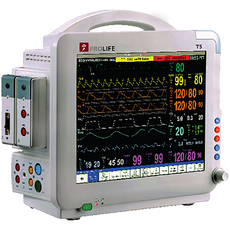 Monitor Multiparâmetro de  Sinais Vitais - T5 - PRO LIFE - (MOSTRUÁRIO, SEM USO). ECG, SPO2, CAPNOGRAFIA CO2, PNI,  2 PAI, FREQ RESP, TEMP